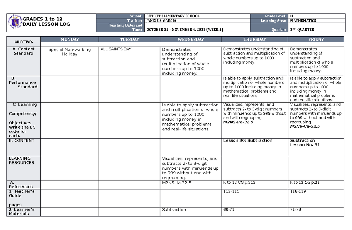 DLL MATH 2 Q2 W1 D1 - Lesson Plan - GRADES 1 to 12 DAILY LESSON LOG ...