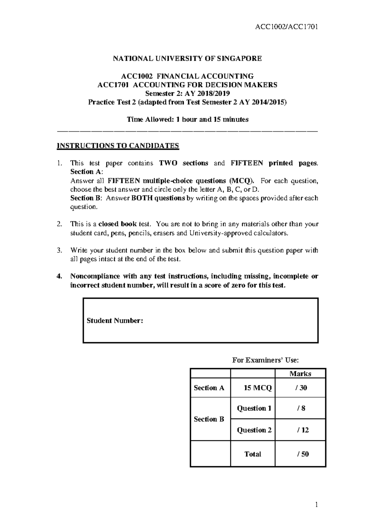 Practice Test 2 - NATIONAL UNIVERSITY OF SINGAPORE ACC1002 FINANCIAL ...