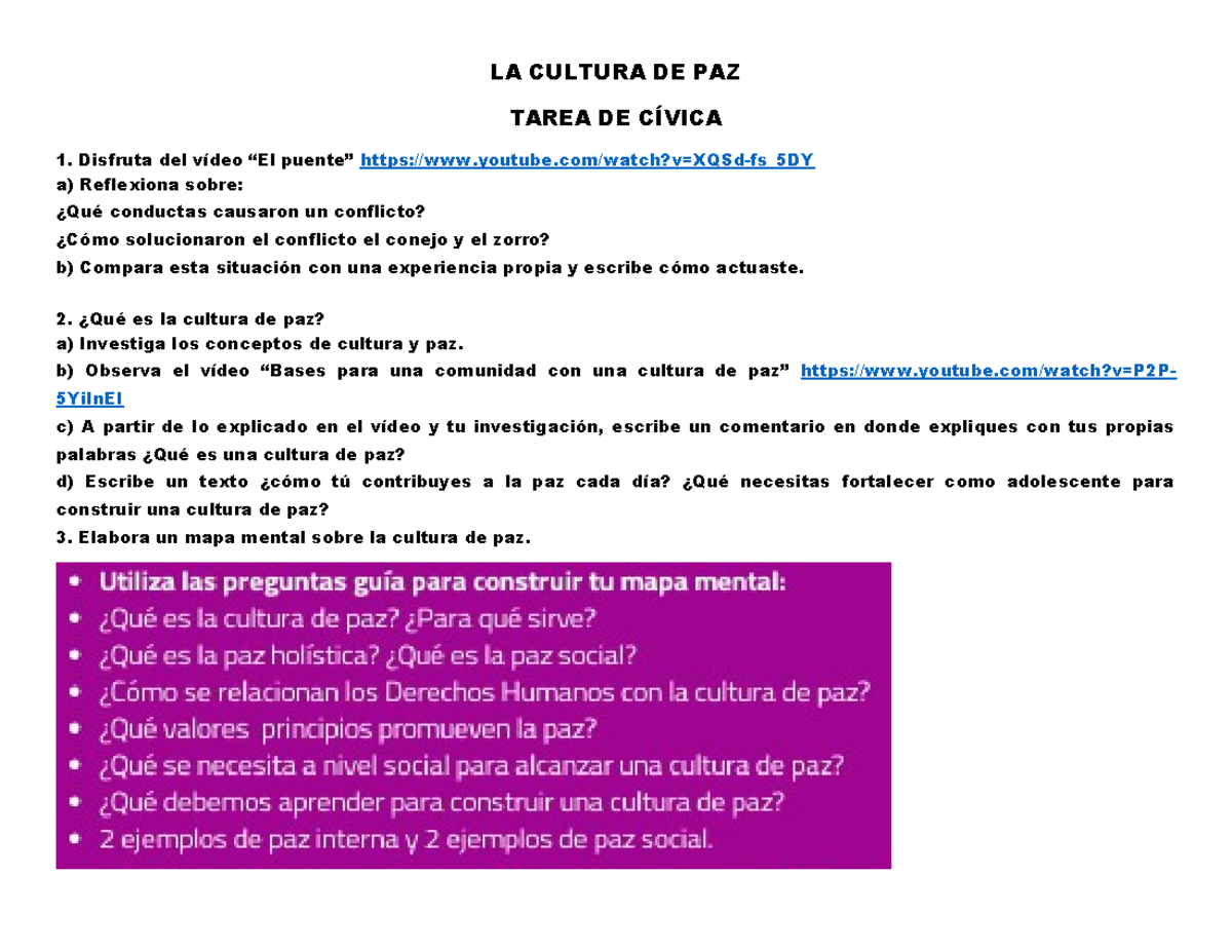 Tarea DEL 6 DE MAYO 2024 - LA CULTURA DE PAZ TAREA DE CÍVICA 1