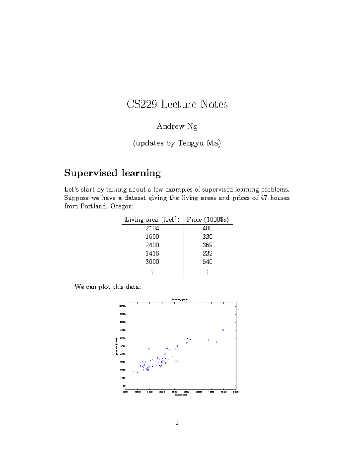 Cs229-notes 1 - Notes of CS229 - CS229 Lecture Notes Andrew Ng (updates ...