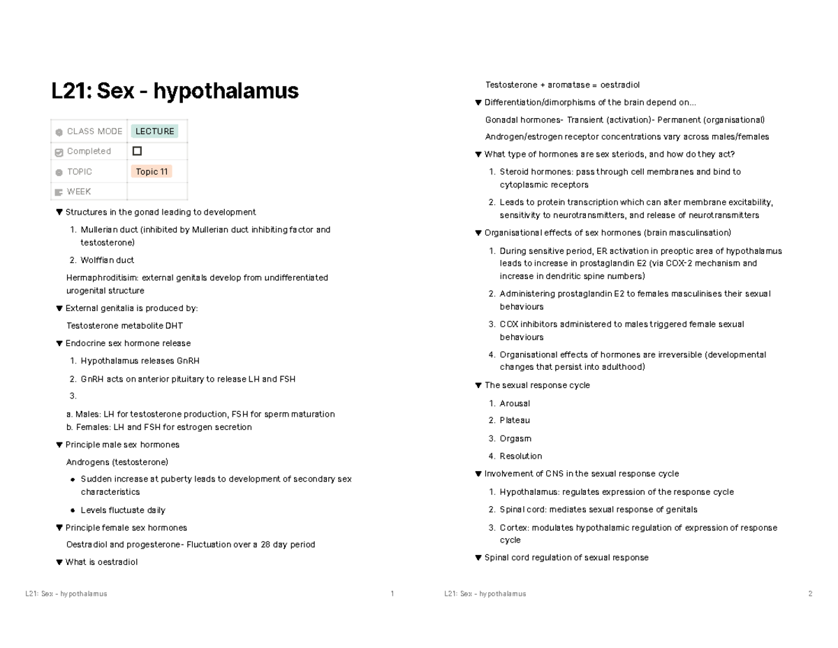 L21 Sex Hypothalamus Lecture Notes 22 L21 Sex Hypothalamus 1