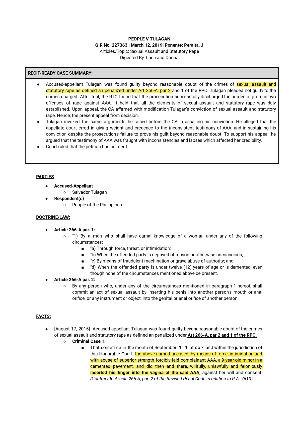 People V Tulagan - Summary case - PEOPLE V TULAGAN G No. 227363 | March ...