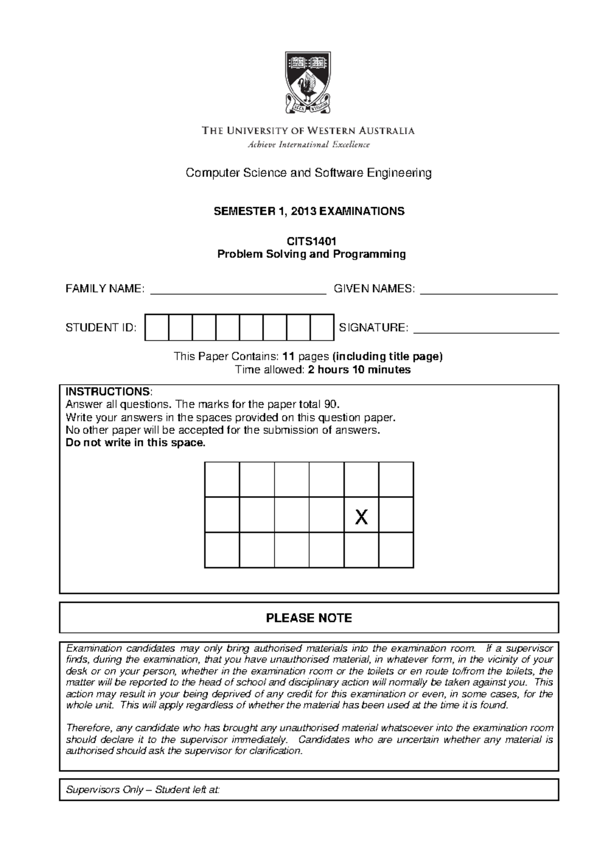 Exam 2013 - Computer Science and Software Engineering SEMESTER 1, 2013 ...