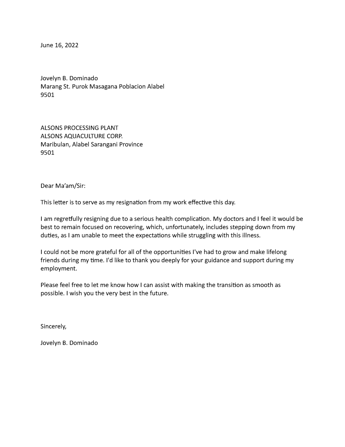 Resignation Letter Due to Illnes - June 16, 2022 Jovelyn B. Dominado ...