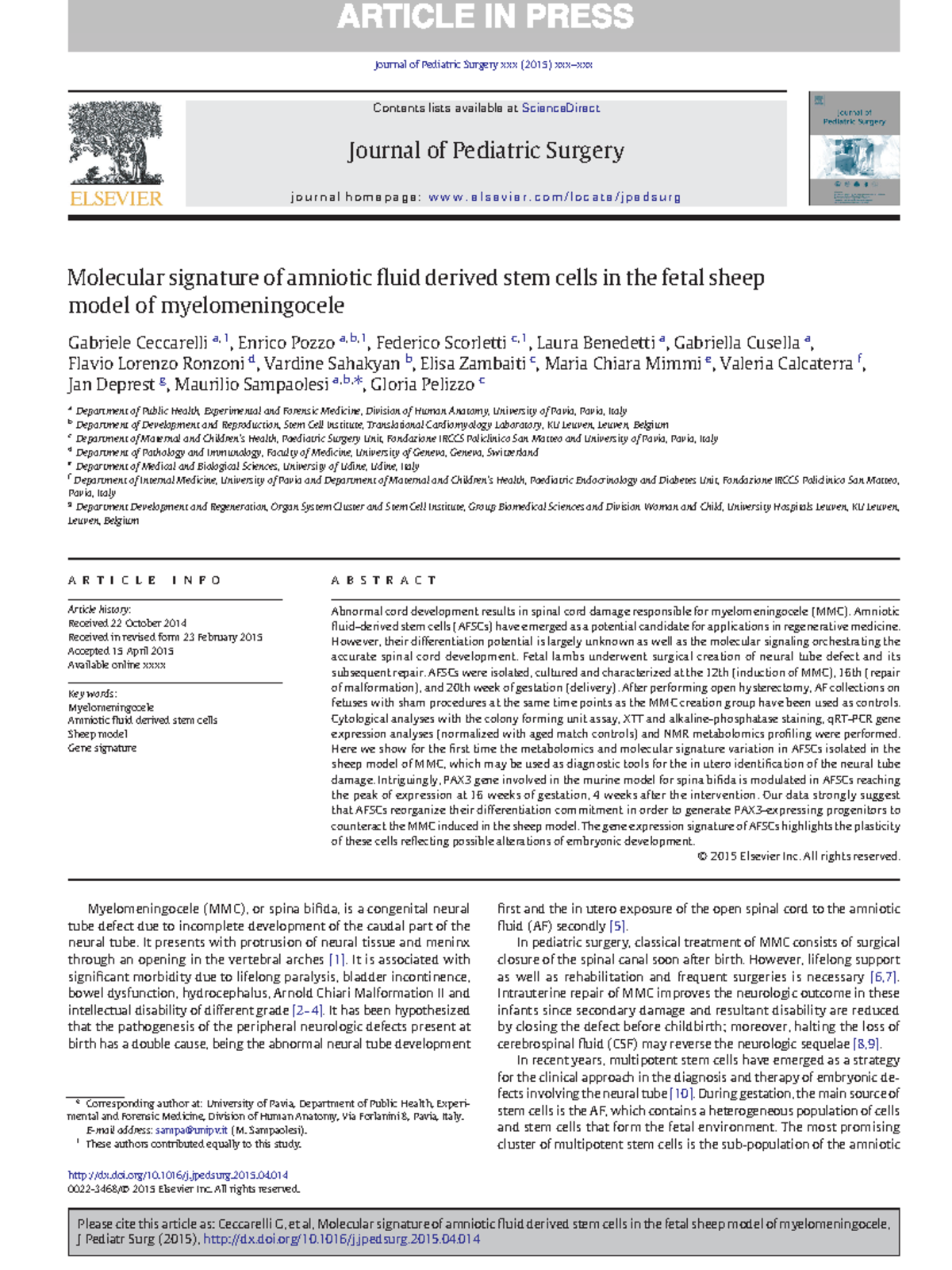 Ceccarelli et al 2015 , J Ped Surgery - Molecular signature of ...