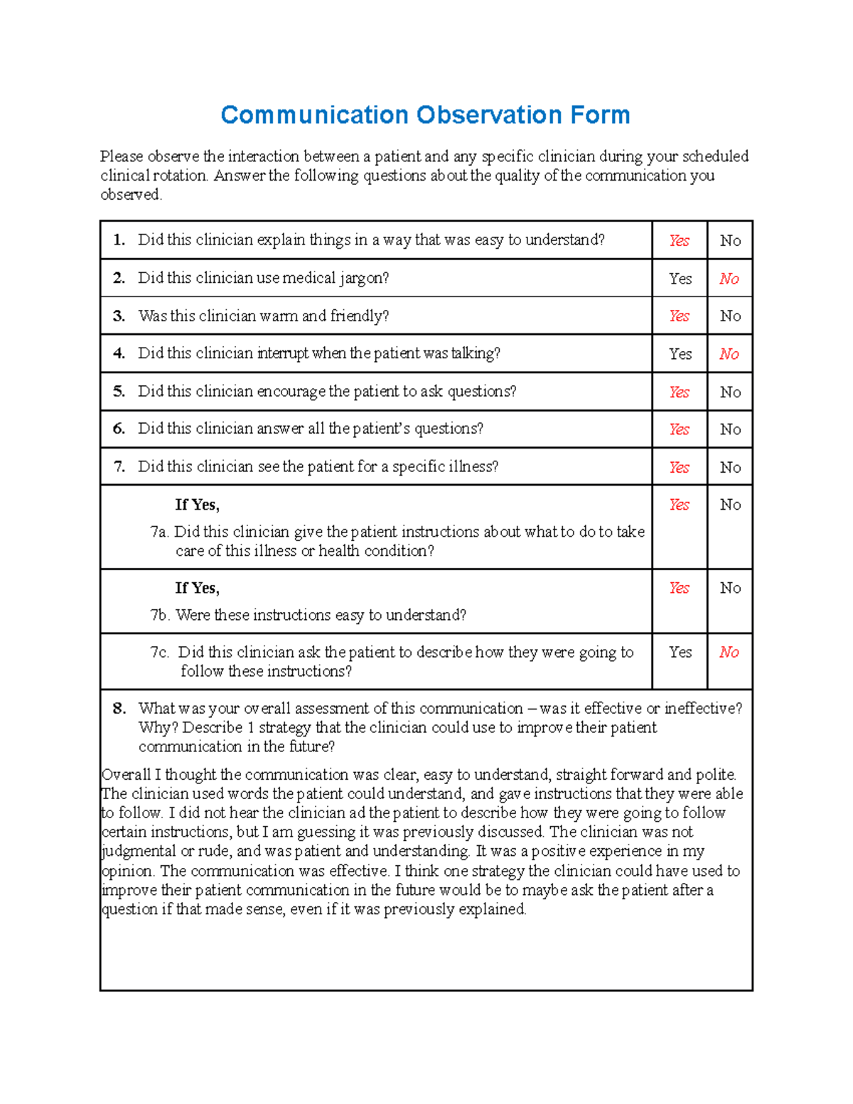 Communication Observation Form Communication Observation Form Please