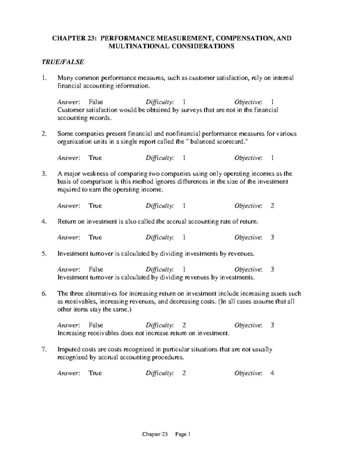 Performance Measurement Compensation AND - CHAPTER 23: PERFORMANCE ...