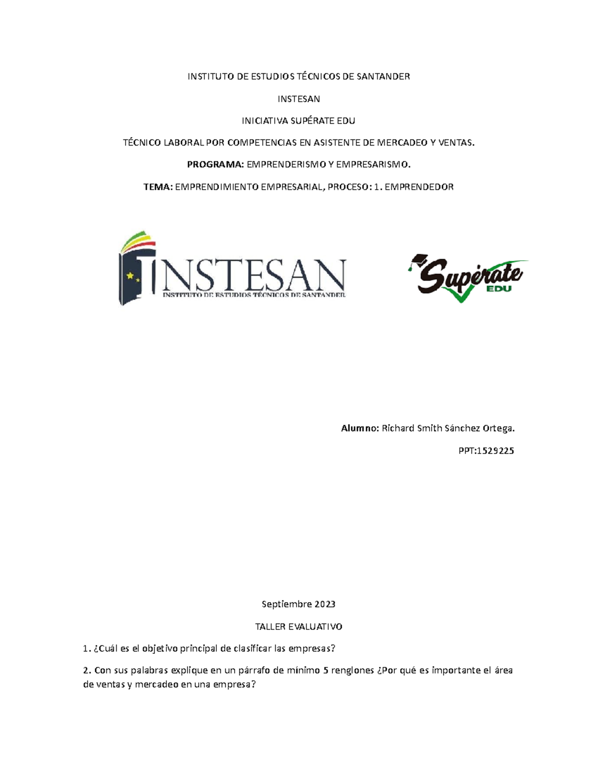 Taller Modulo 1 - INSTITUTO DE ESTUDIOS TÉCNICOS DE SANTANDER INSTESAN ...