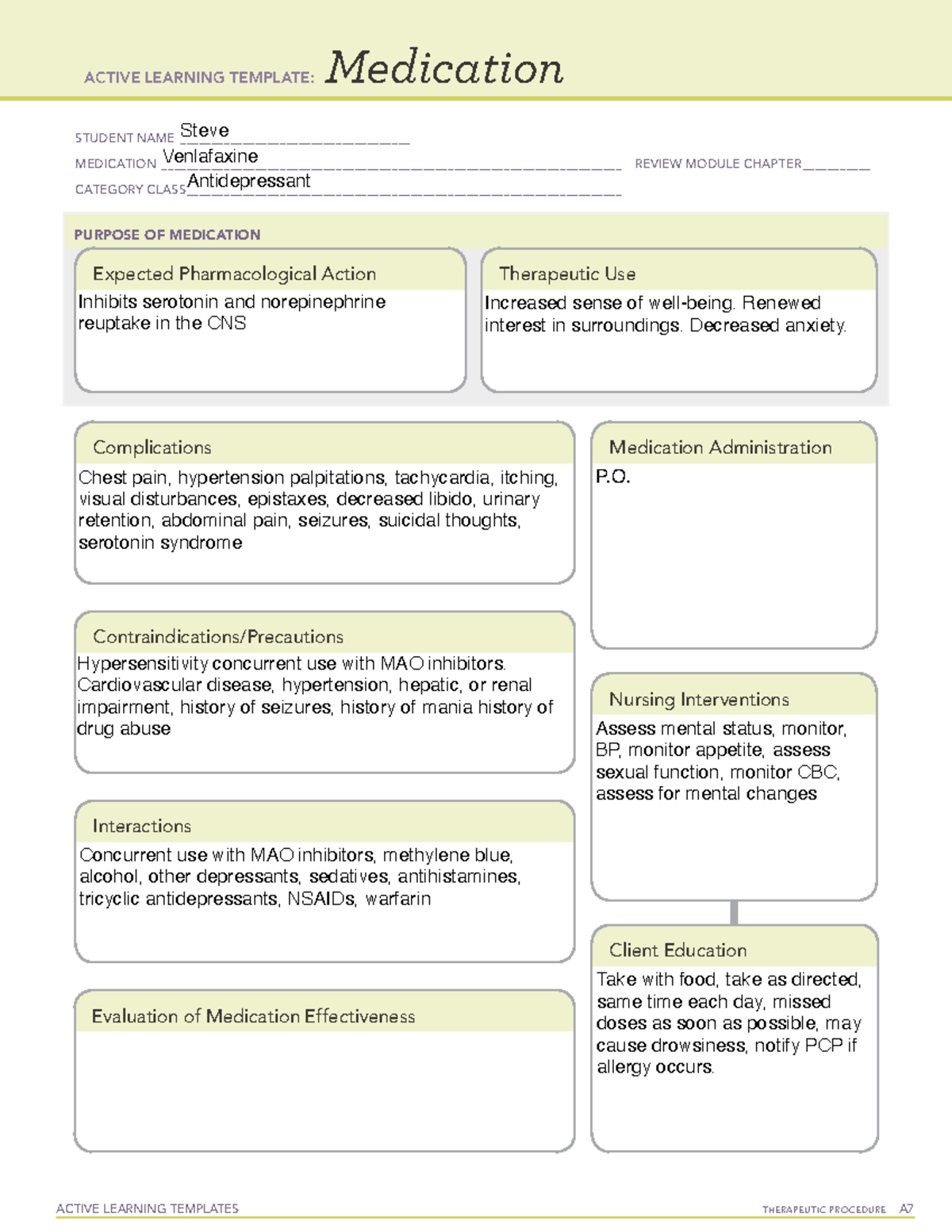 ATM Venlafaxine - ATI - ACTIVE LEARNING TEMPLATES TherapeuTic procedure ...