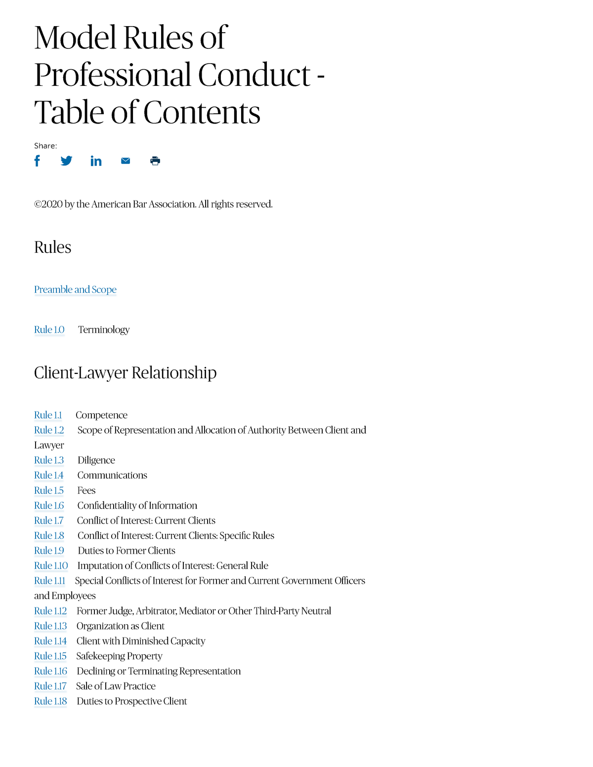 MRPC Table of Contents Model Rules of Professional Conduct Table