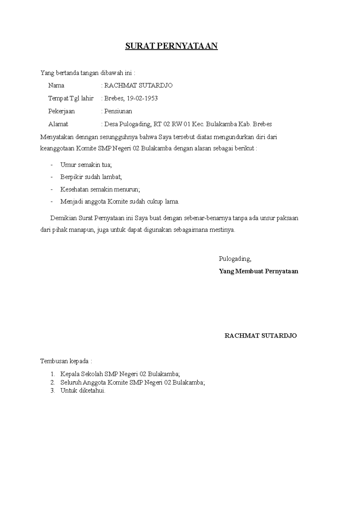 Surat Pernyataan Pengunduran DIRI - SURAT PERNYATAAN Yang bertanda
