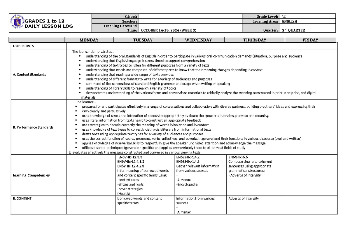 DLL English 6 Q2 W3 - DLL - GRADES 1 to 12 DAILY LESSON LOG School ...