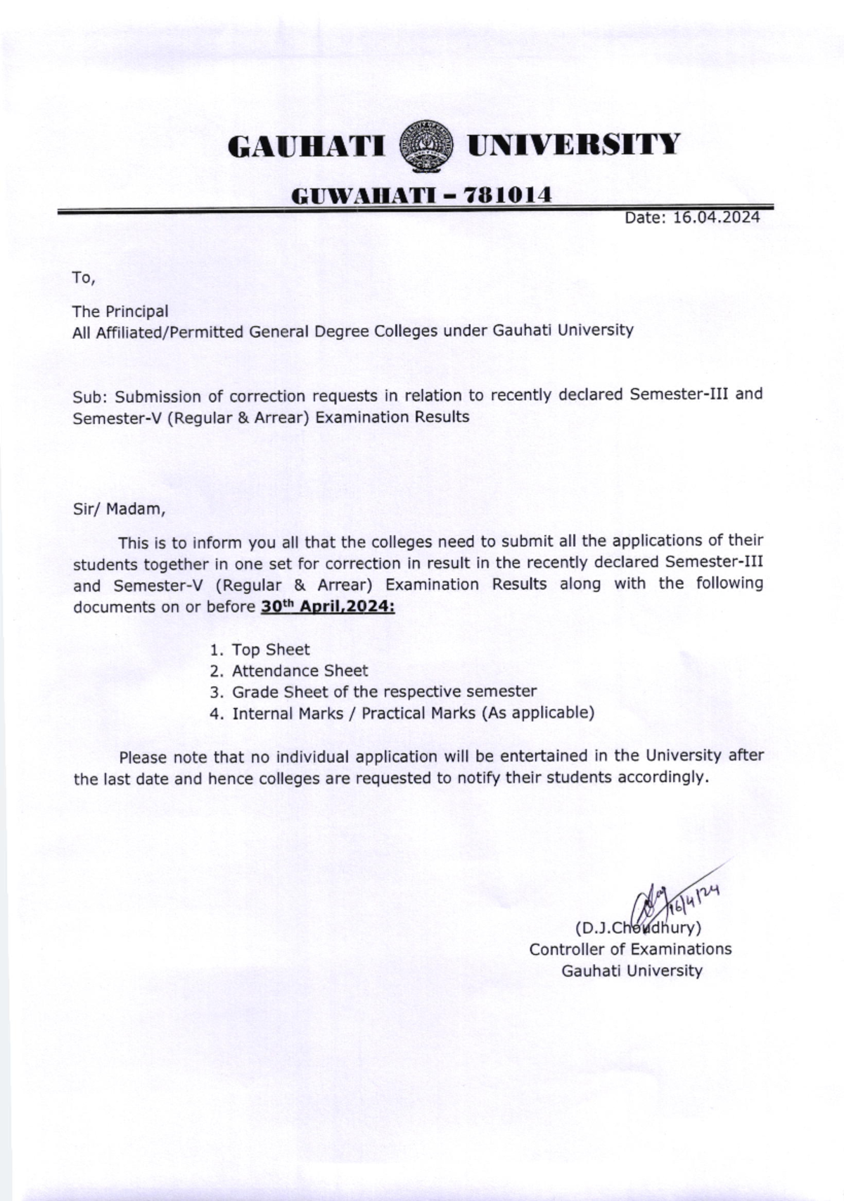 Correction Notice - GAUIIATI I'NTITERSTT}' To, The PrinciDal All ...