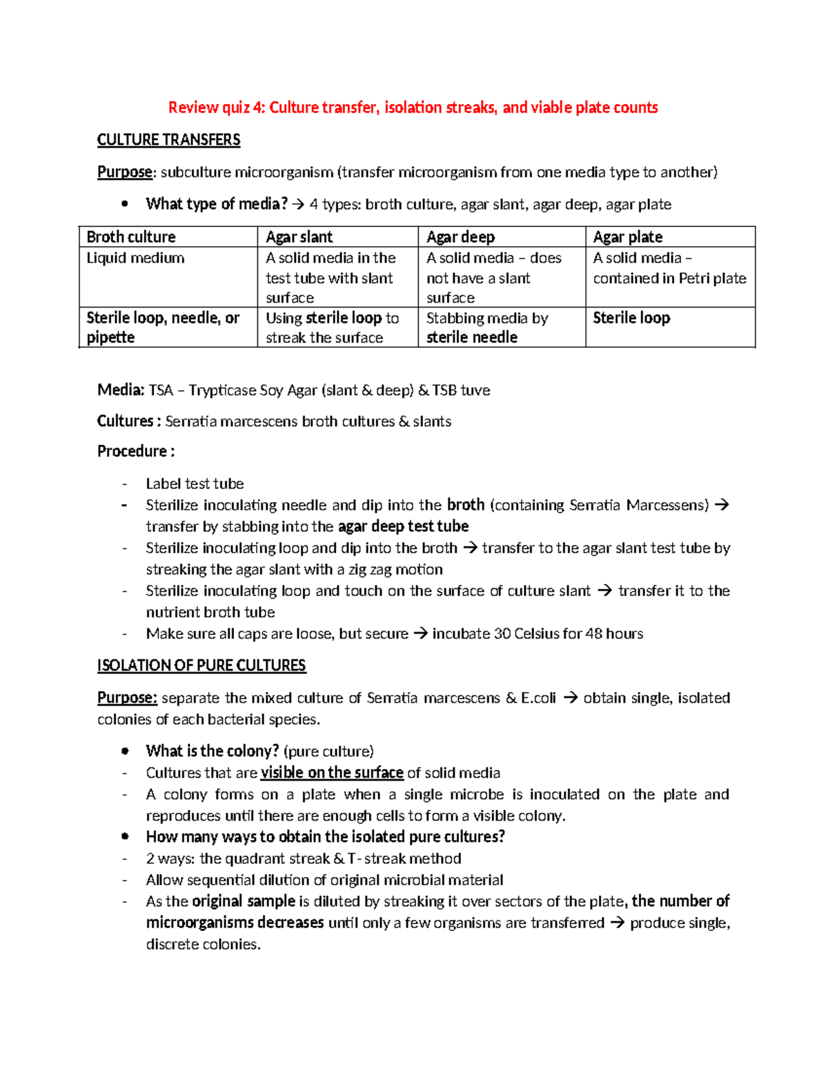 review lectures - Review quiz 4: Culture transfer, isolation streaks ...