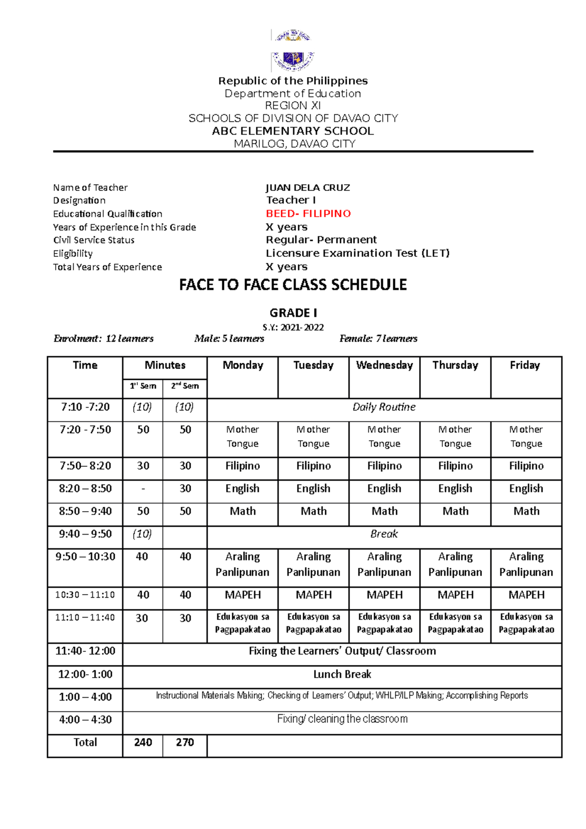 03 Class- Program- Grade-1 - Republic Of The Philippines Department Of 