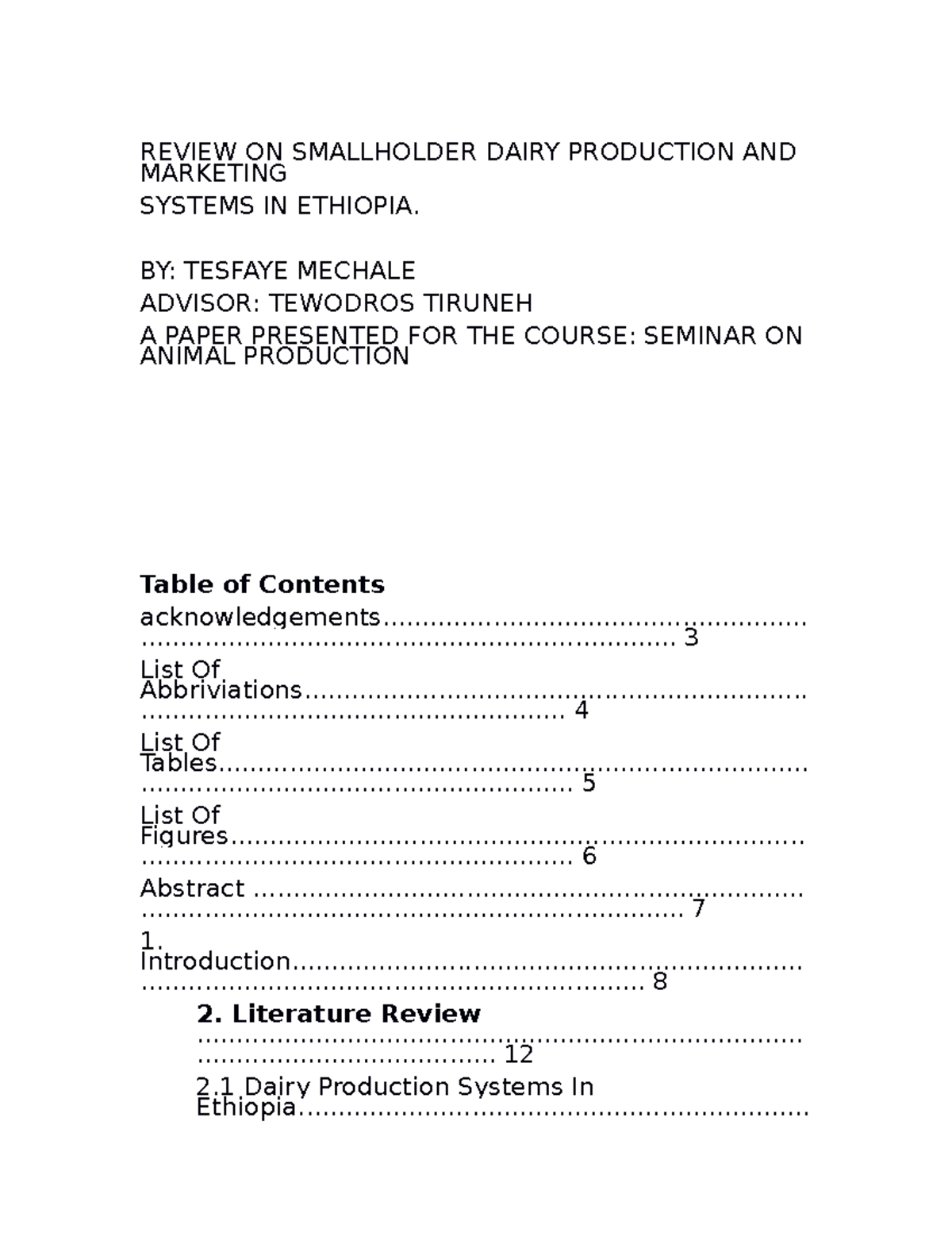 Review ON Smallholder Dairy Production AND Marketing System IN Etiopis ...