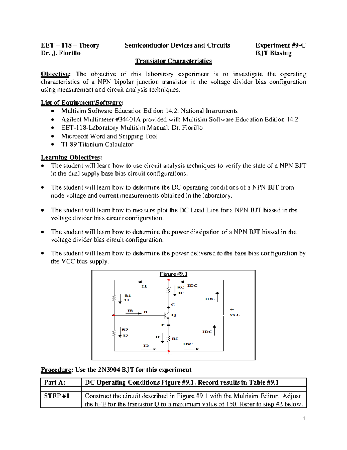 EET 118 Lab Exp #9 Procedure - Dr. J. Fiorillo BJT Biasing Transistor ...
