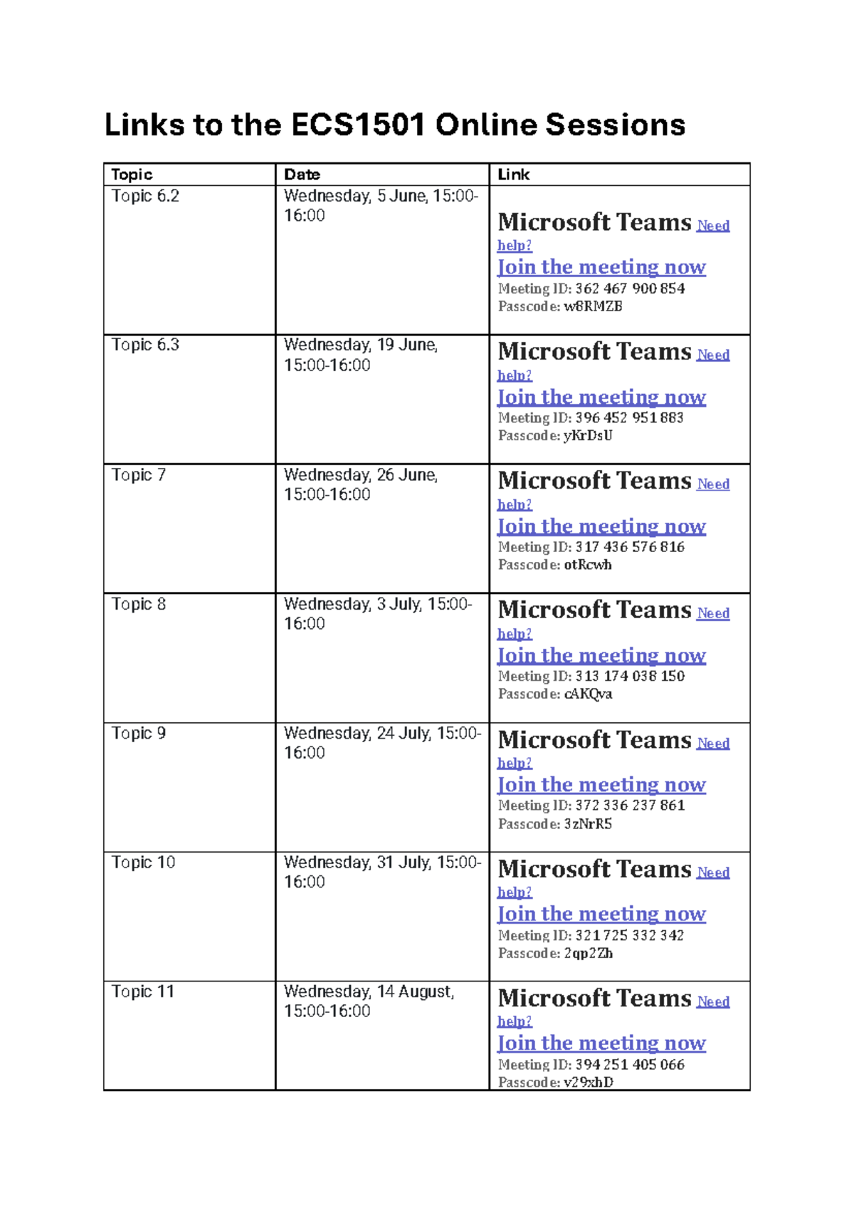 ECS1501 Online Session Links - Links to the ECS1501 Online Sessions ...
