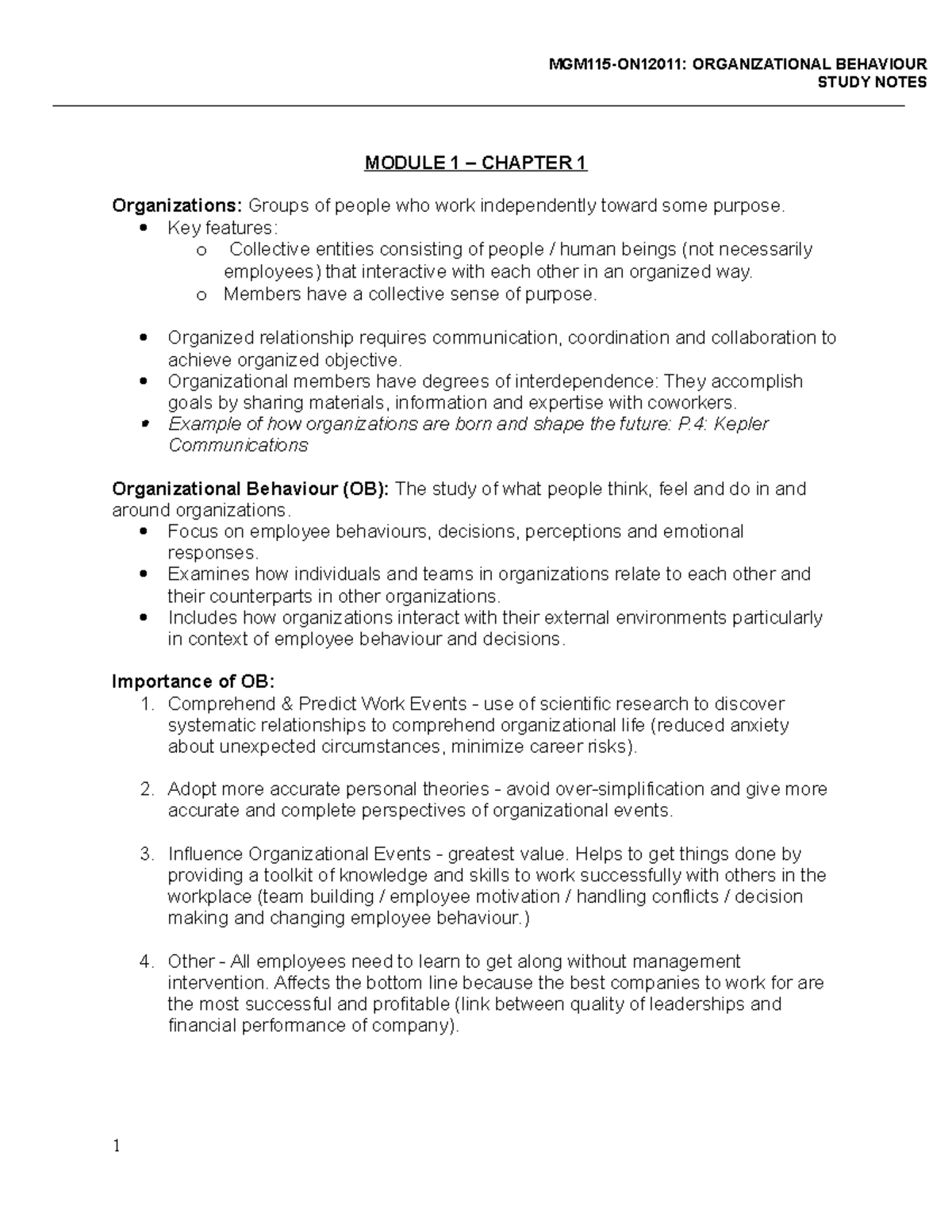 MGMT115-ON12011 Organisational Behaviour Study Notes Part 1 - STUDY ...