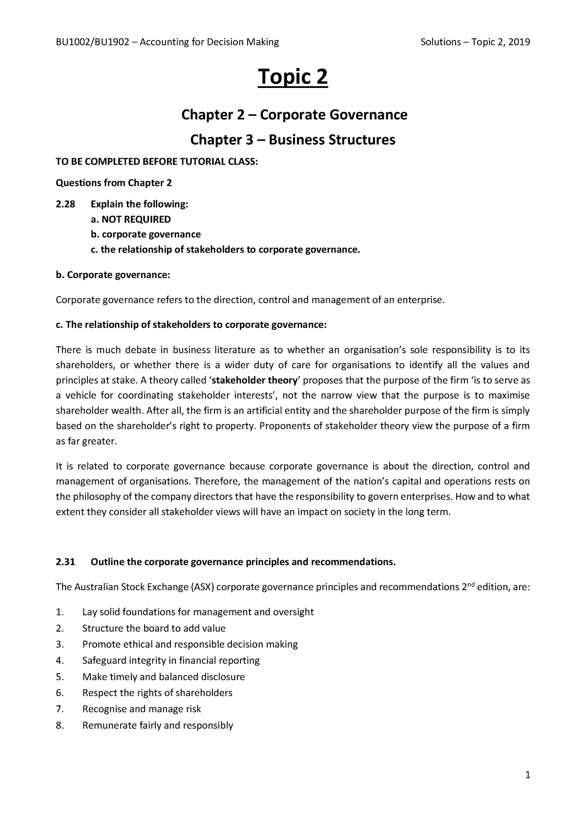 BU1002 Topic 02 Tutorial Solutions 2019 - Topic 2 Chapter 2 – Corporate ...