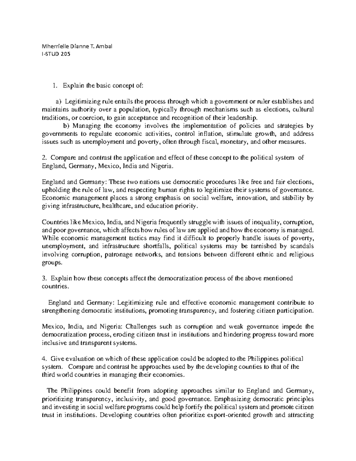 III. Legitimizing rule and managing the economy. - Mherrielle Dianne T ...