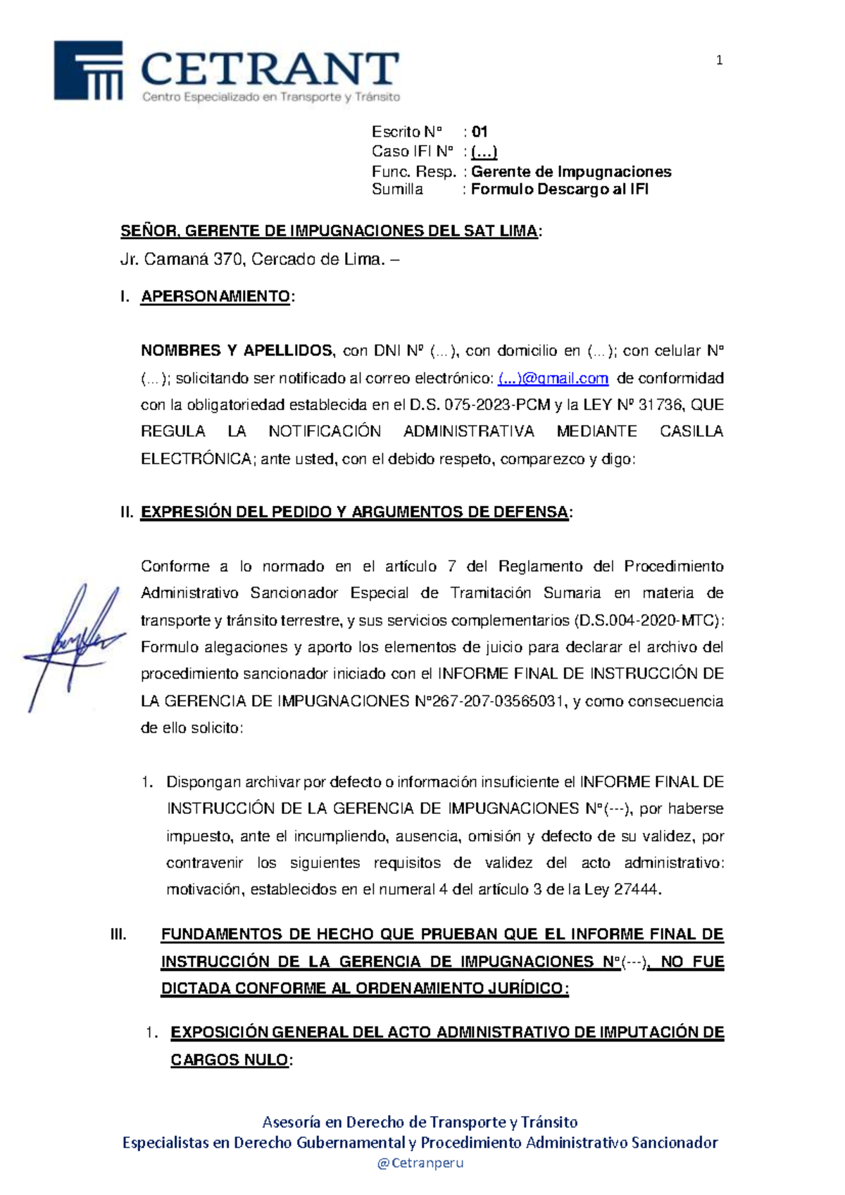 Modelo DE Descargo IFI Acumulación DE Puntos - Asesoría en Derecho de ...