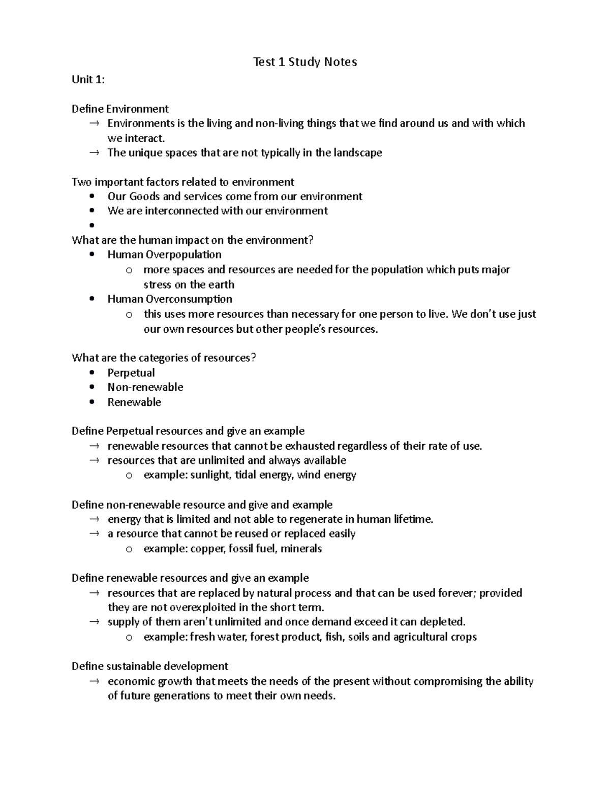 Environmental 1000 - Test 1 Question And Answer - Unit 1: Define ...