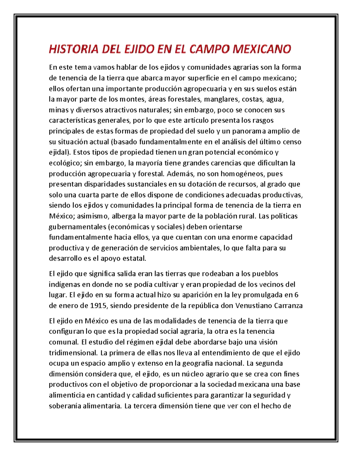 Historia DEL Ejido EN EL Campo Mexicano En este tema vamos hablar de