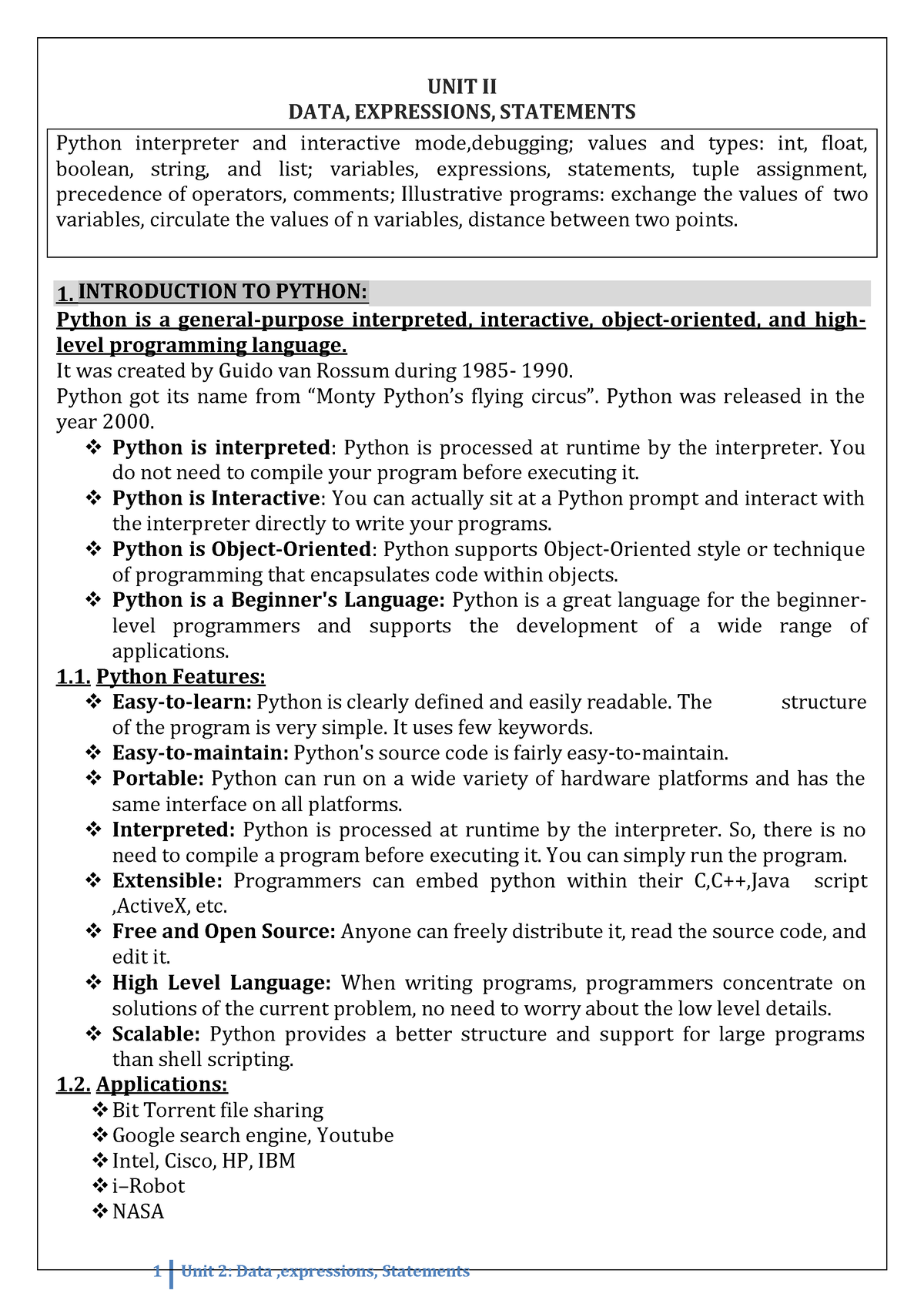 Unit 2 GE3151 PSPP Notes (1) - UNIT II DATA, EXPRESSIONS, STATEMENTS 1 ...