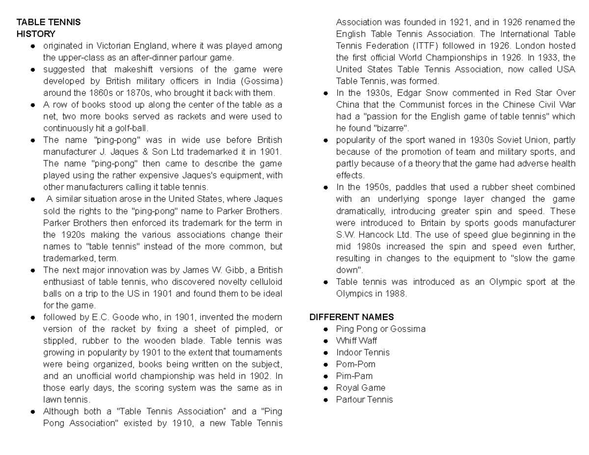Table Tennis activity TABLE TENNIS HISTORY originated in Victorian