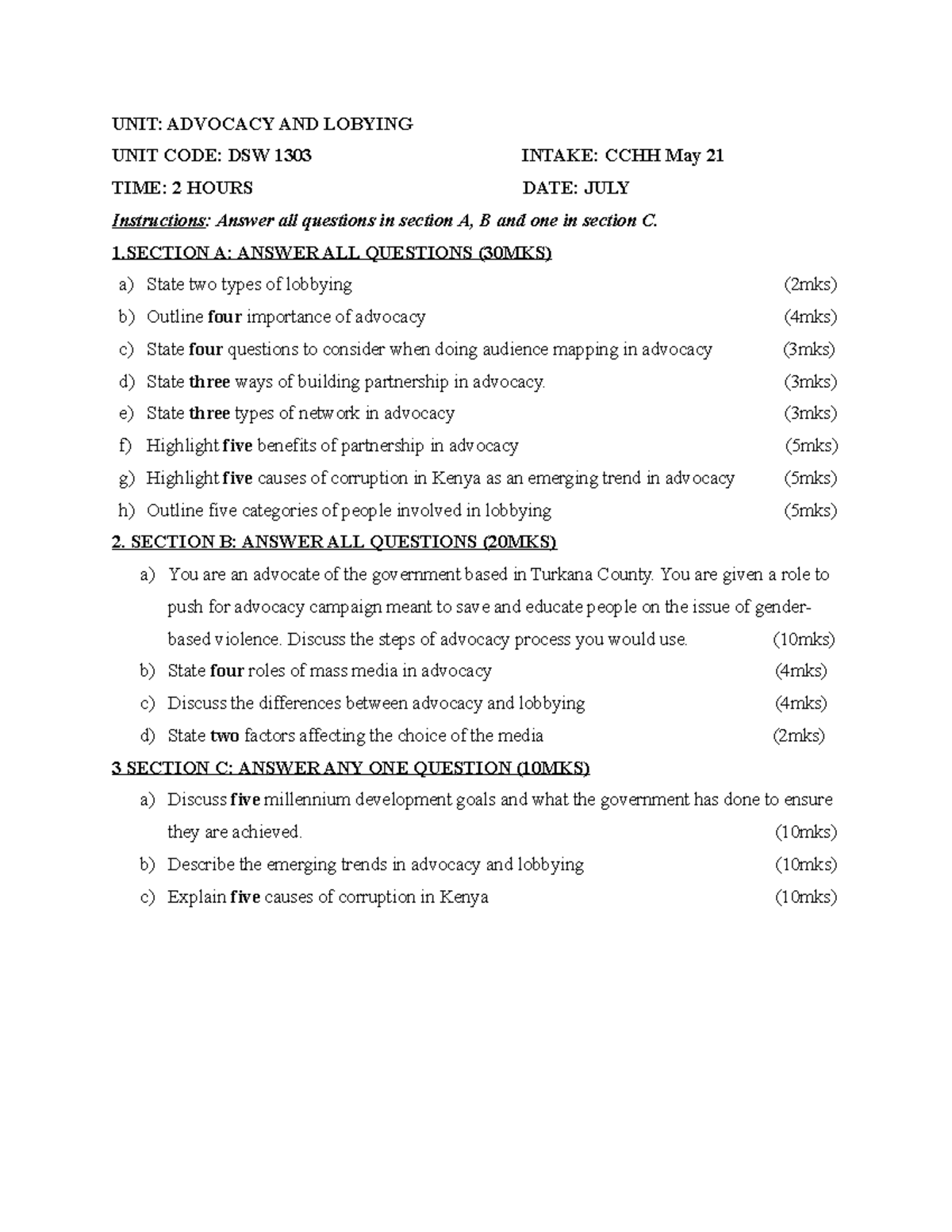 Advocacy and lobbying exam - UNIT: ADVOCACY AND LOBYING UNIT CODE: DSW ...