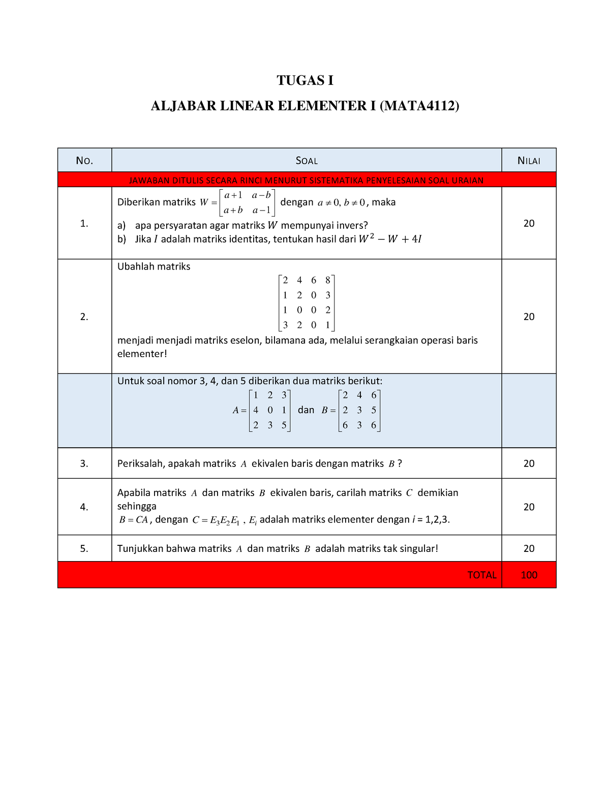 Tugas I 2023 - To Give Information - TUGAS I ALJABAR LINEAR ELEMENTER I ...