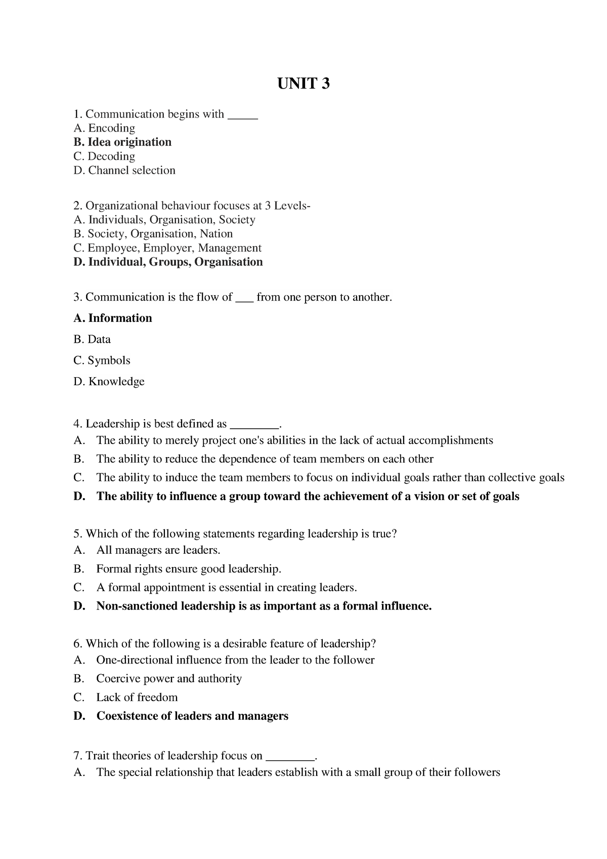 OB MCQs UNIT 3 - MCQ - UNIT 3 Communication Begins With _____ A ...