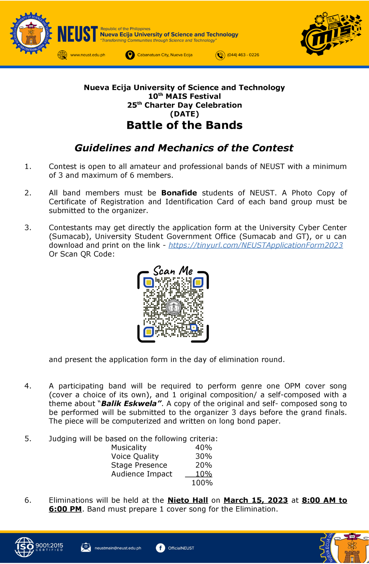 Battle of the bands guidelines 2023 1 Nueva Ecija University of