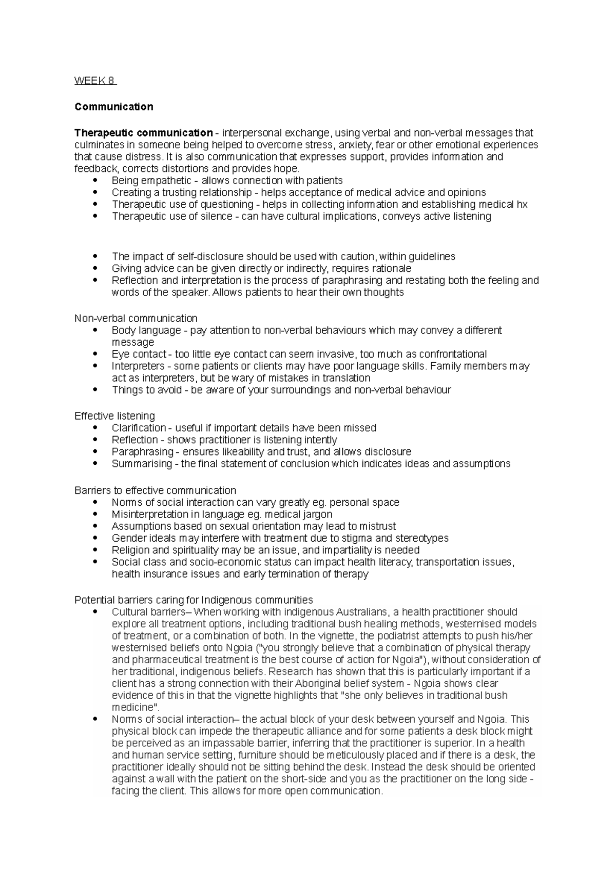 PHE1IDH WEEK 8 - week 8 notes - WEEK 8 Communication Therapeutic ...