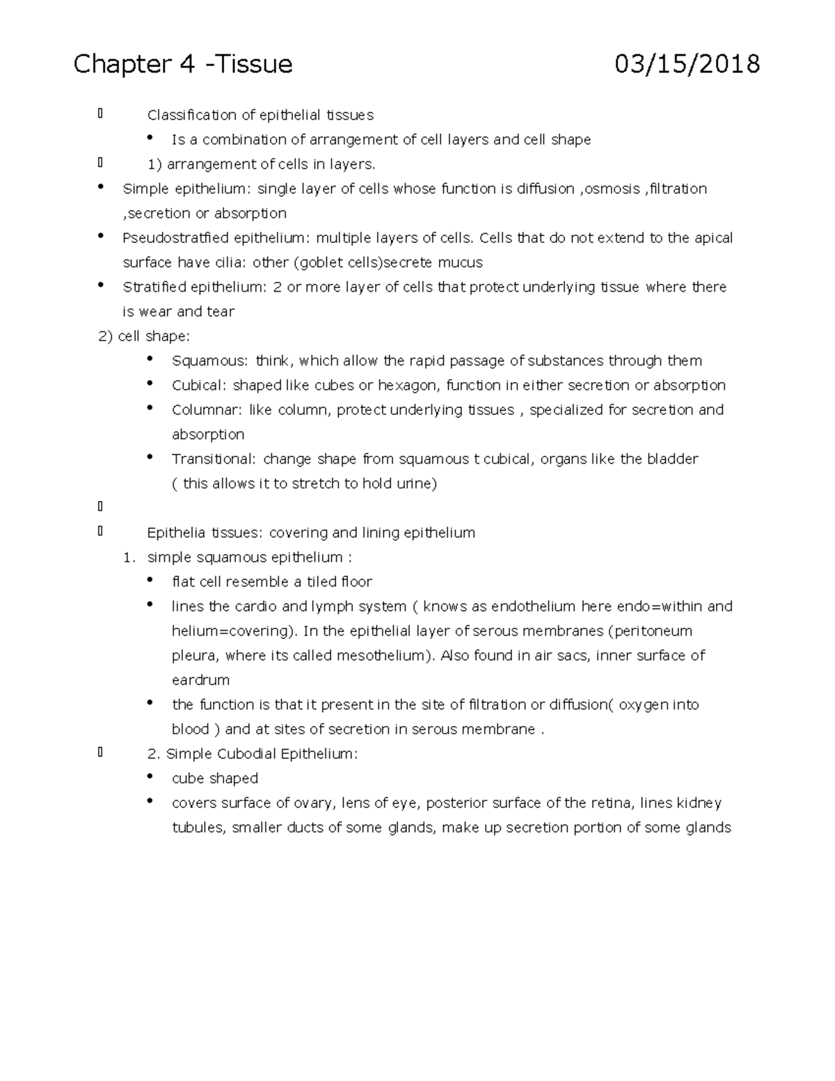 Bio 235 chapter 4 - Lecture notes 4 - Chapter 4 -Tissue 03/15 ...