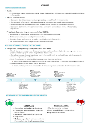 Resumen Base De Datos - 1. INTRODUCCIÓN A LAS BASES DE DATOS (BBDD) Una ...