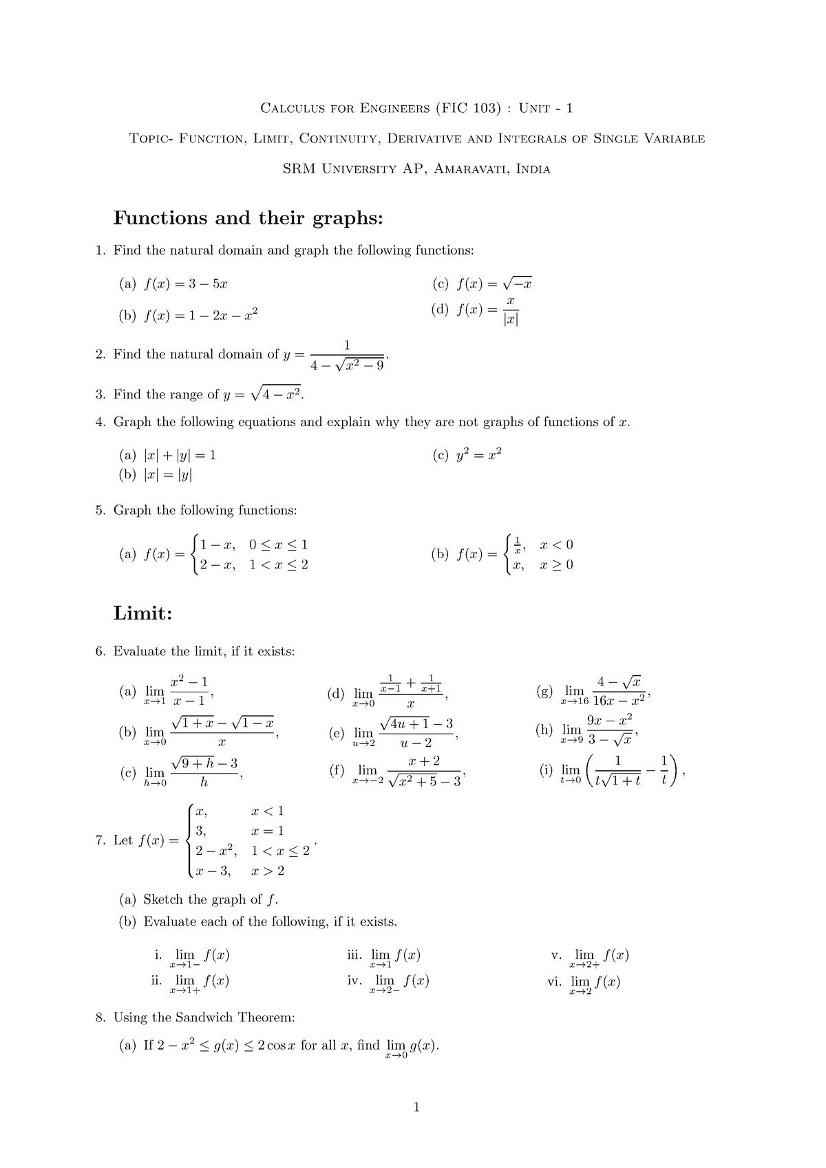 Assignment 1 - Calculus For Engineers (FIC 103) : Unit - 1 Topic ...