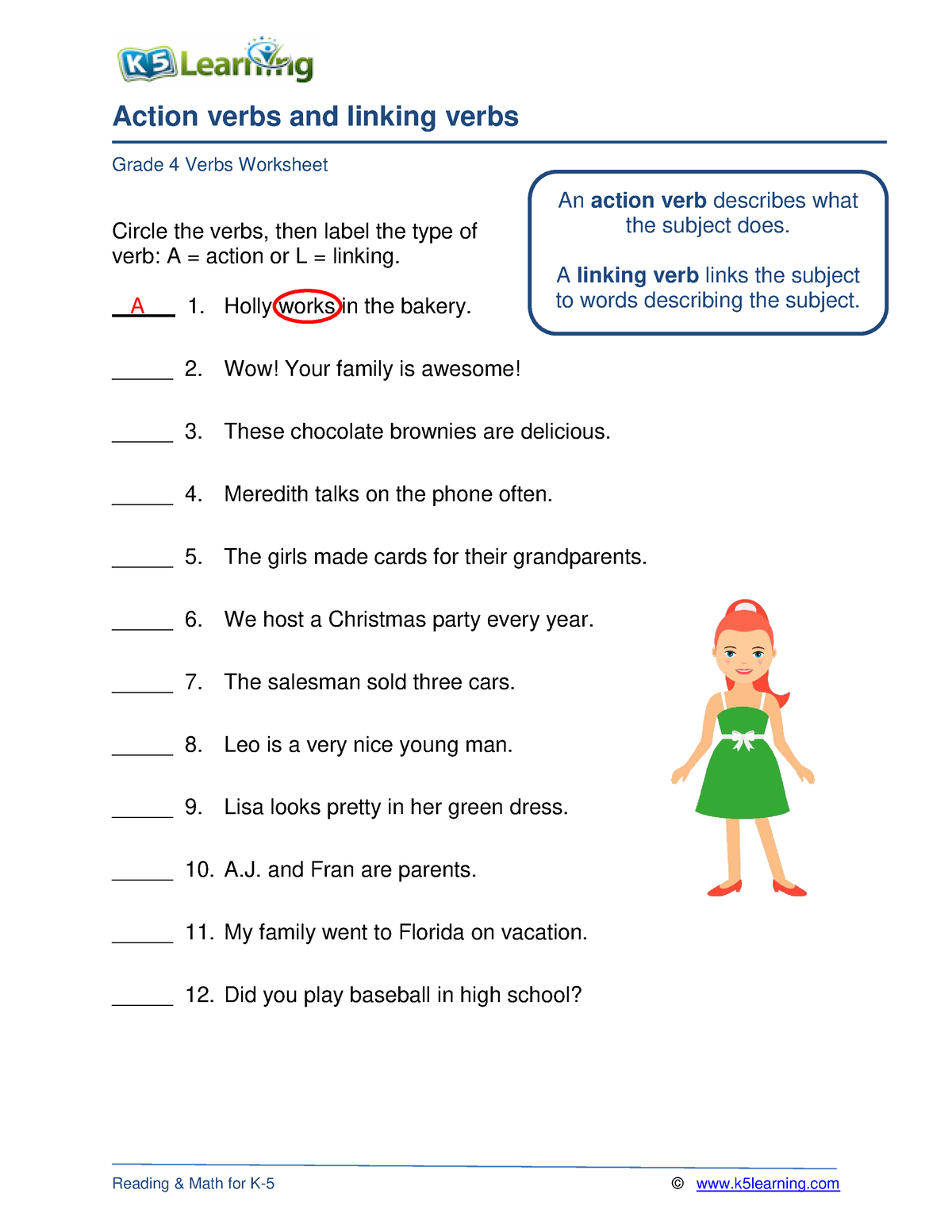 Grade 4 action linking verbs b - Action verbs and linking verbs Grade 4 ...