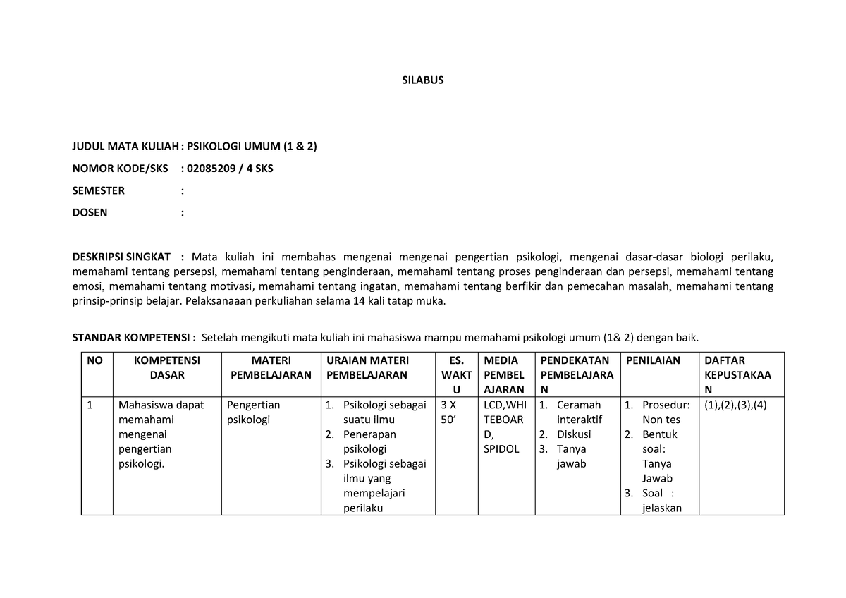 Psikologi UMUM 12 7 - SILABUS JUDUL MATA KULIAH : PSIKOLOGI UMUM (1 & 2 ...