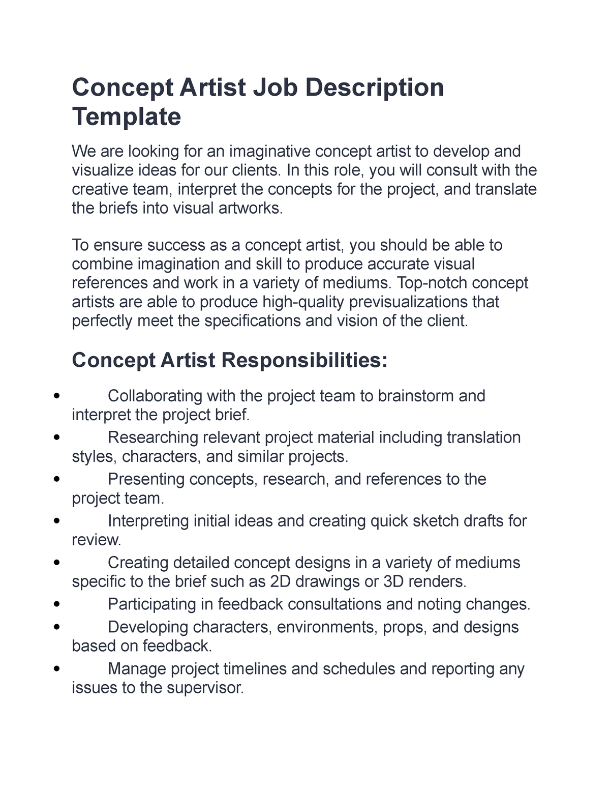 Concept Artist Job Description Template Concept Artist Job 