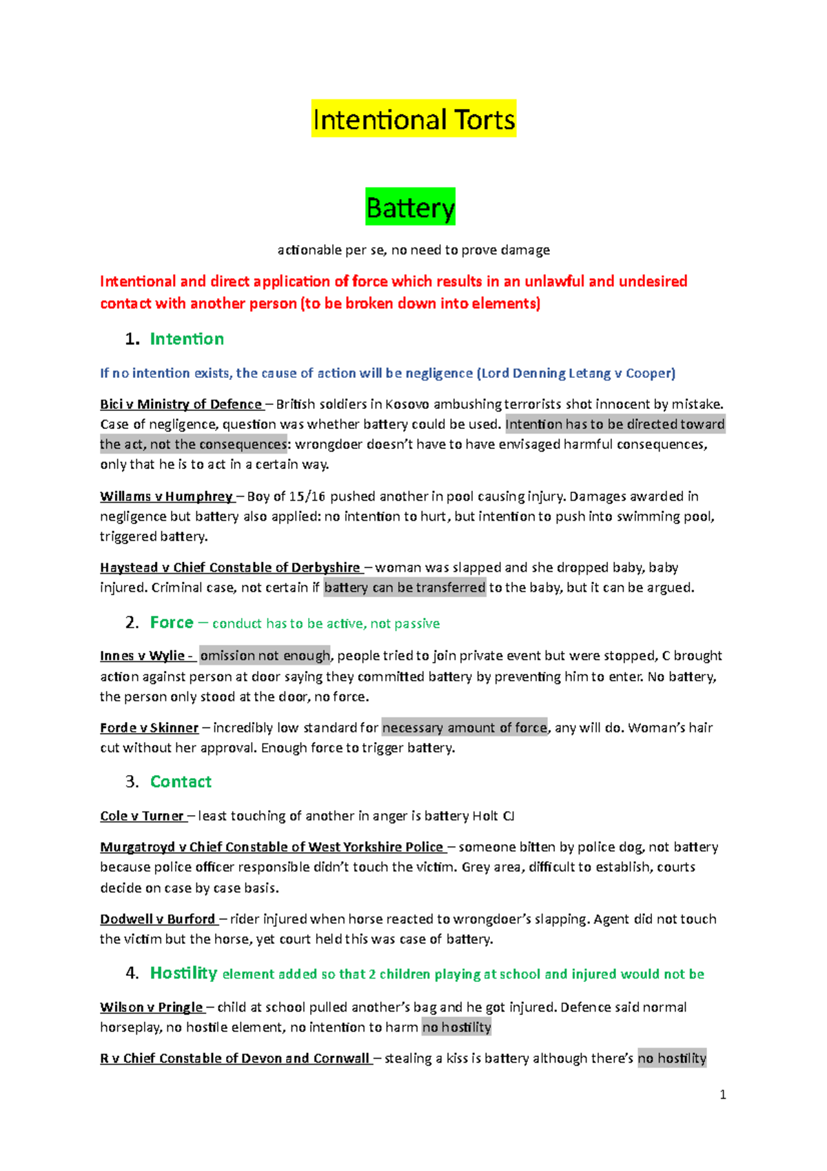 Intentional Torts - Summary of notes used in open book exam ...