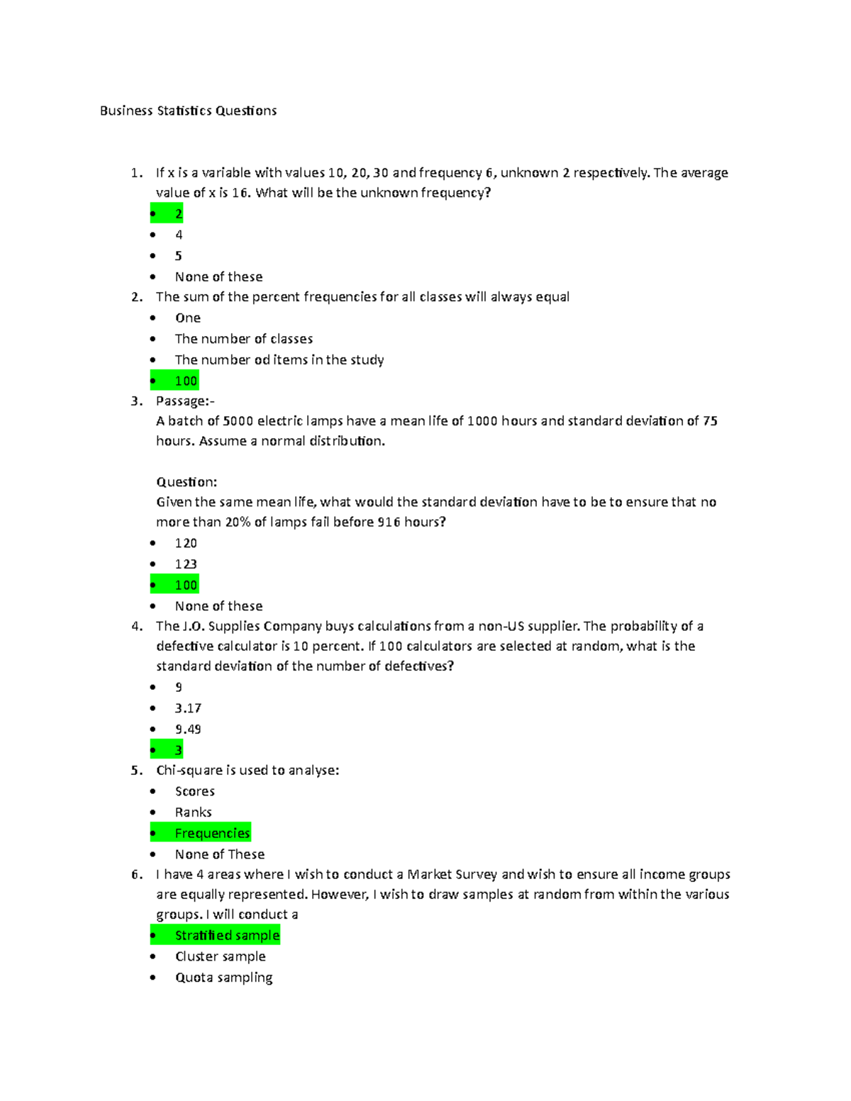 Business Stat ques - Business Statistics Questions 1. If x is a ...