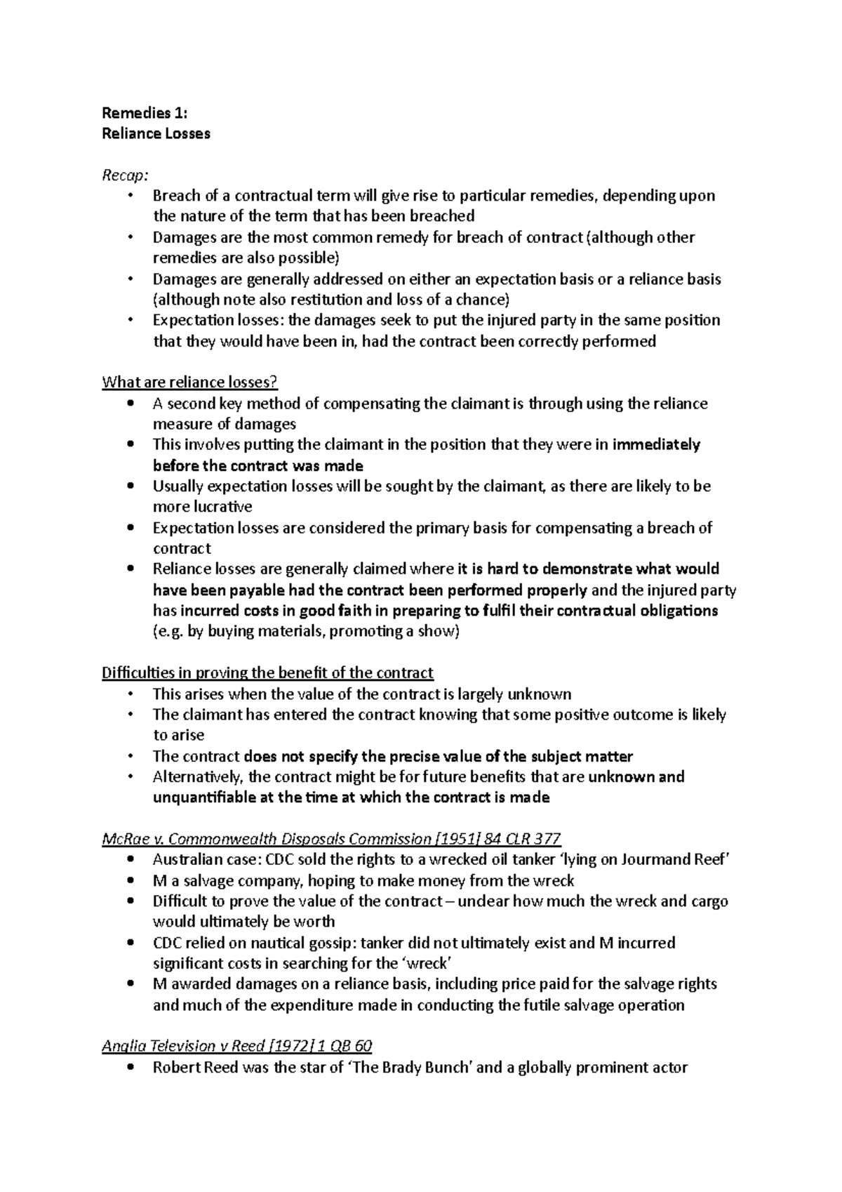 Reliance Losses First year Remedies 1 Reliance Losses Recap Breach of a contractual term