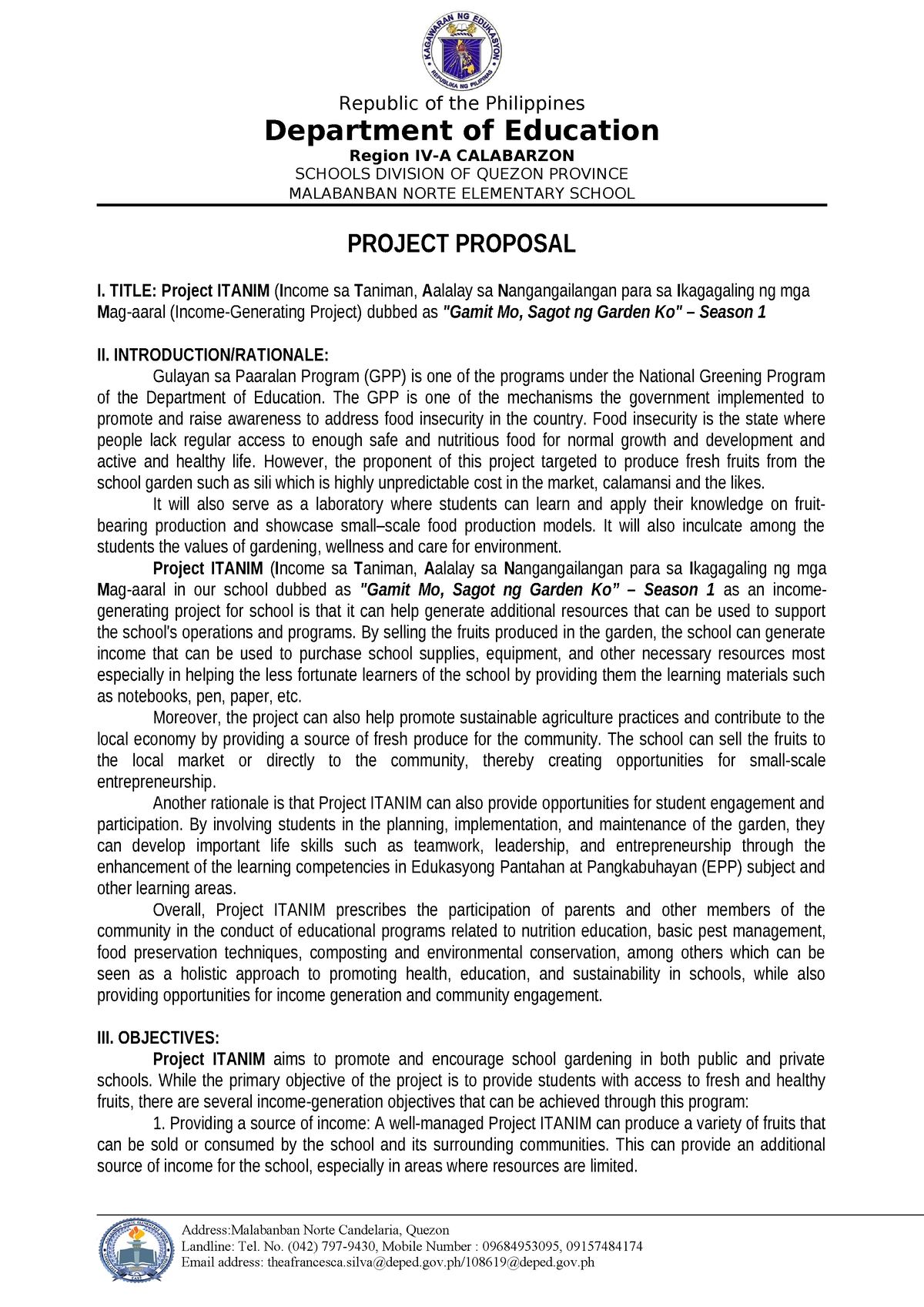 Project Itanim Proposal Revision - Address:malabanban Norte Candelaria 