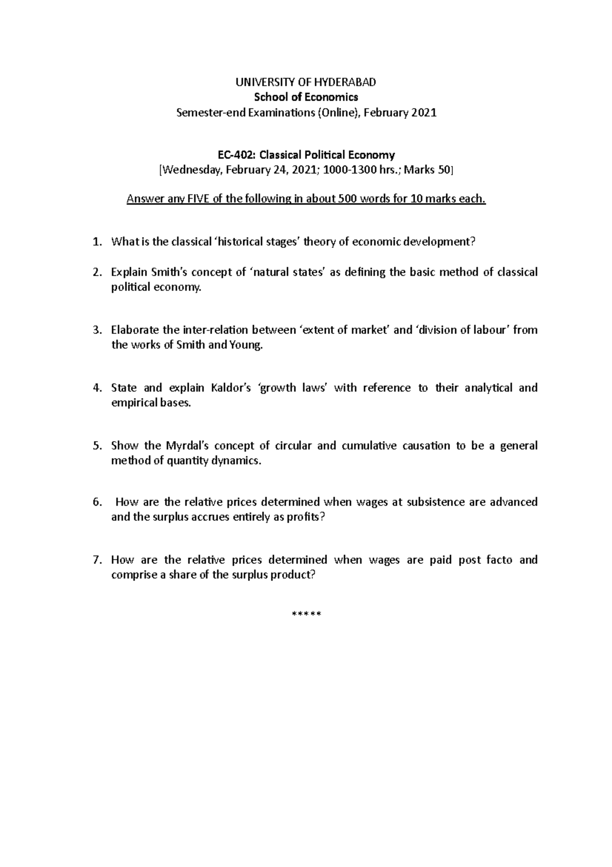 examination question paper - UNIVERSITY OF HYDERABAD School of ...