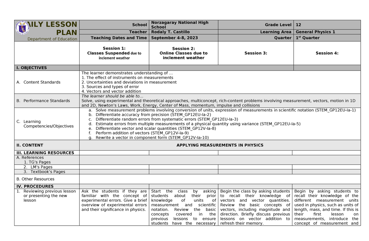 GEN PHY 1 Quarter 1 WEEK 1 - DAILY LESSON PLAN Department of Education ...