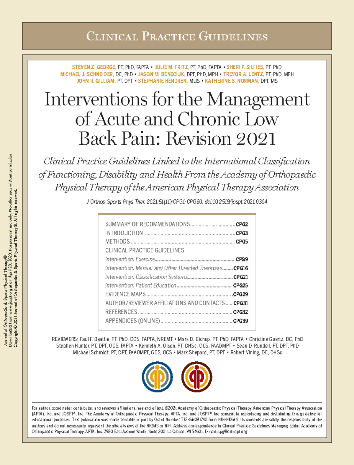 Jospt Diretriz para tratamento de dor lombar Clinical Practice
