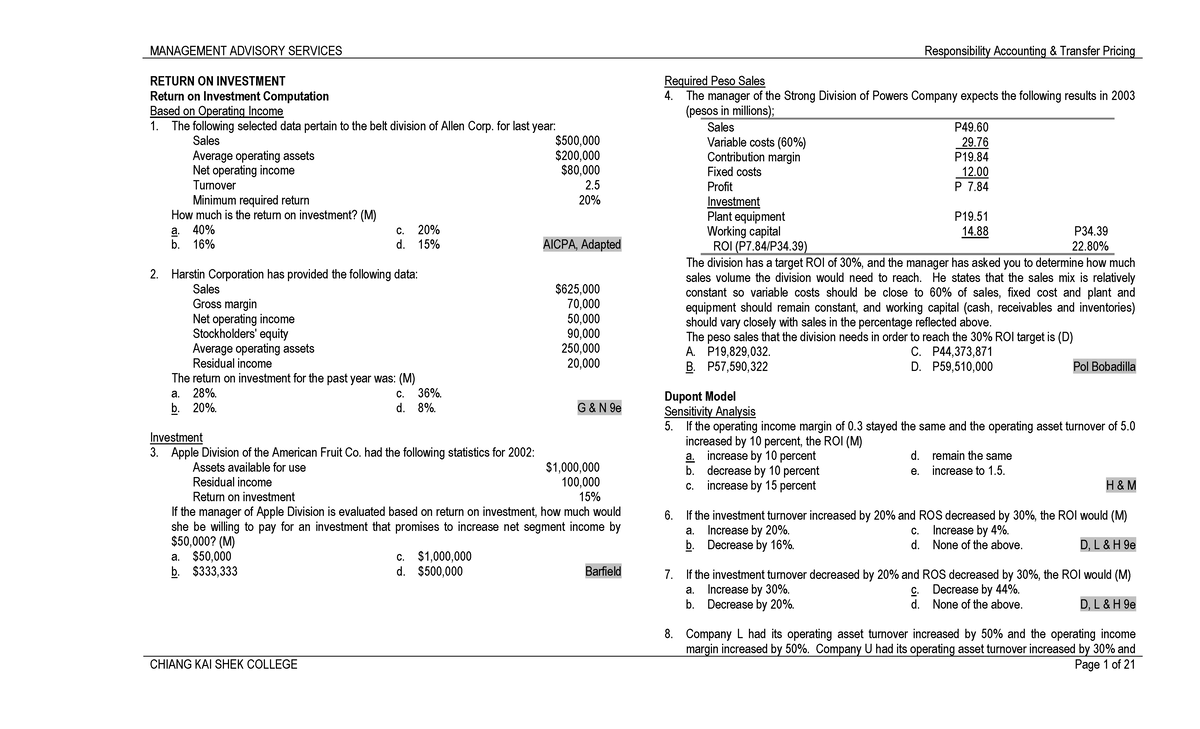 Responsibility acctg transfer pricing gp analysis - RETURN ON ...