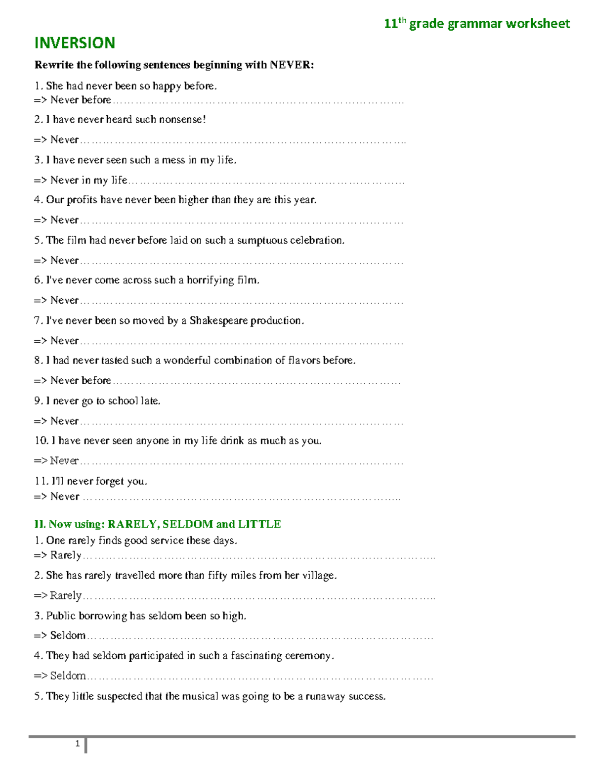 Exercises of inversion grammar ss - 11 th grade grammar worksheet ...
